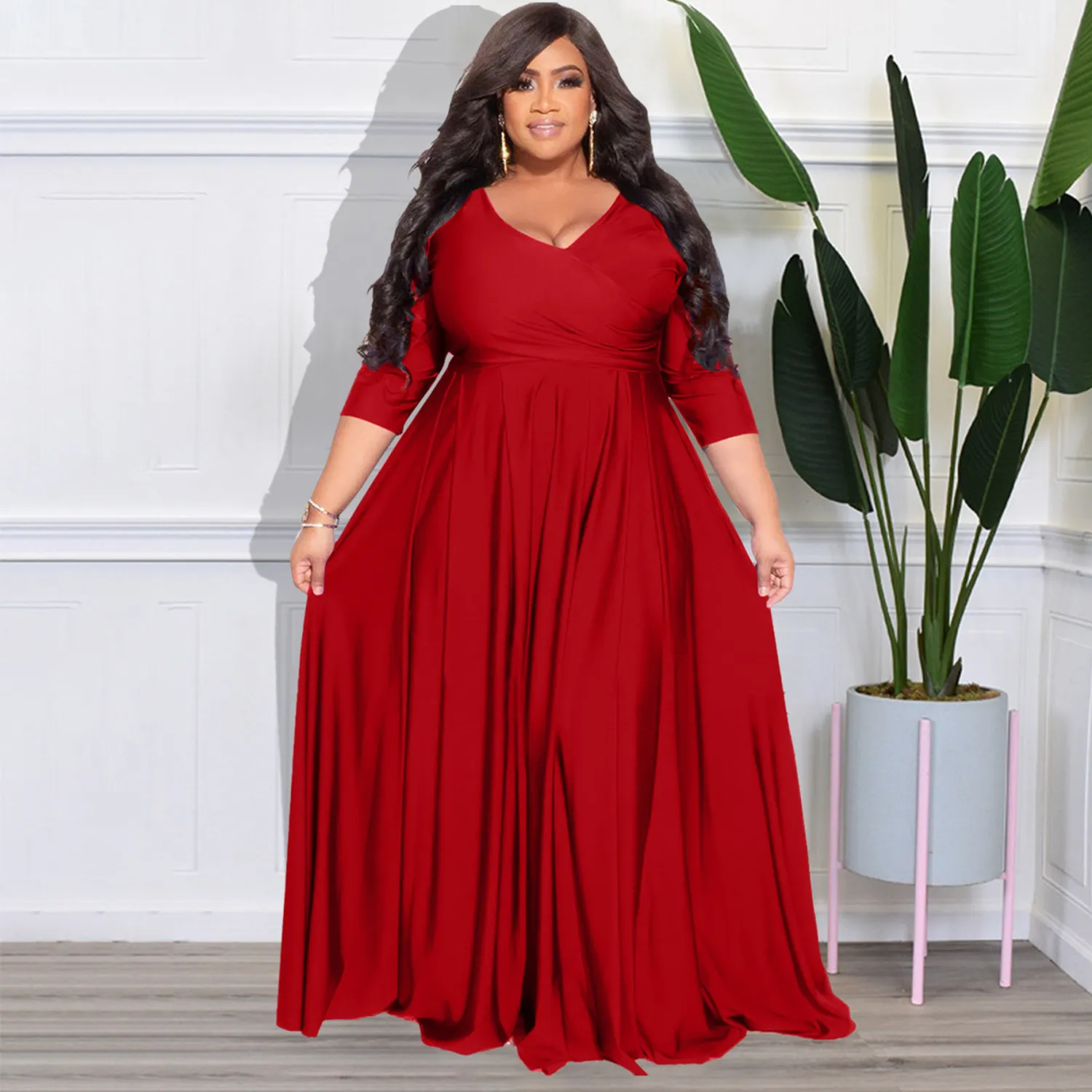 Plus Size Women's Solid Color V-Neck Sexy Long Dress 13 Plus Size Women's Solid Color V-Neck Sexy Long Dress - Image 11