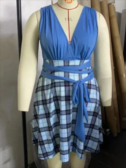 Plus Size Women Deep V Plaid Patchwork Loose Dress -Plus Size Dresses Shop 959e6e84e0edb5f3