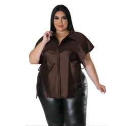 Plus Size Women's Pu Leather Shirt Summer Casual Loose Fit Solid Top -Plus Size Dresses Shop 95f6f82343baf969