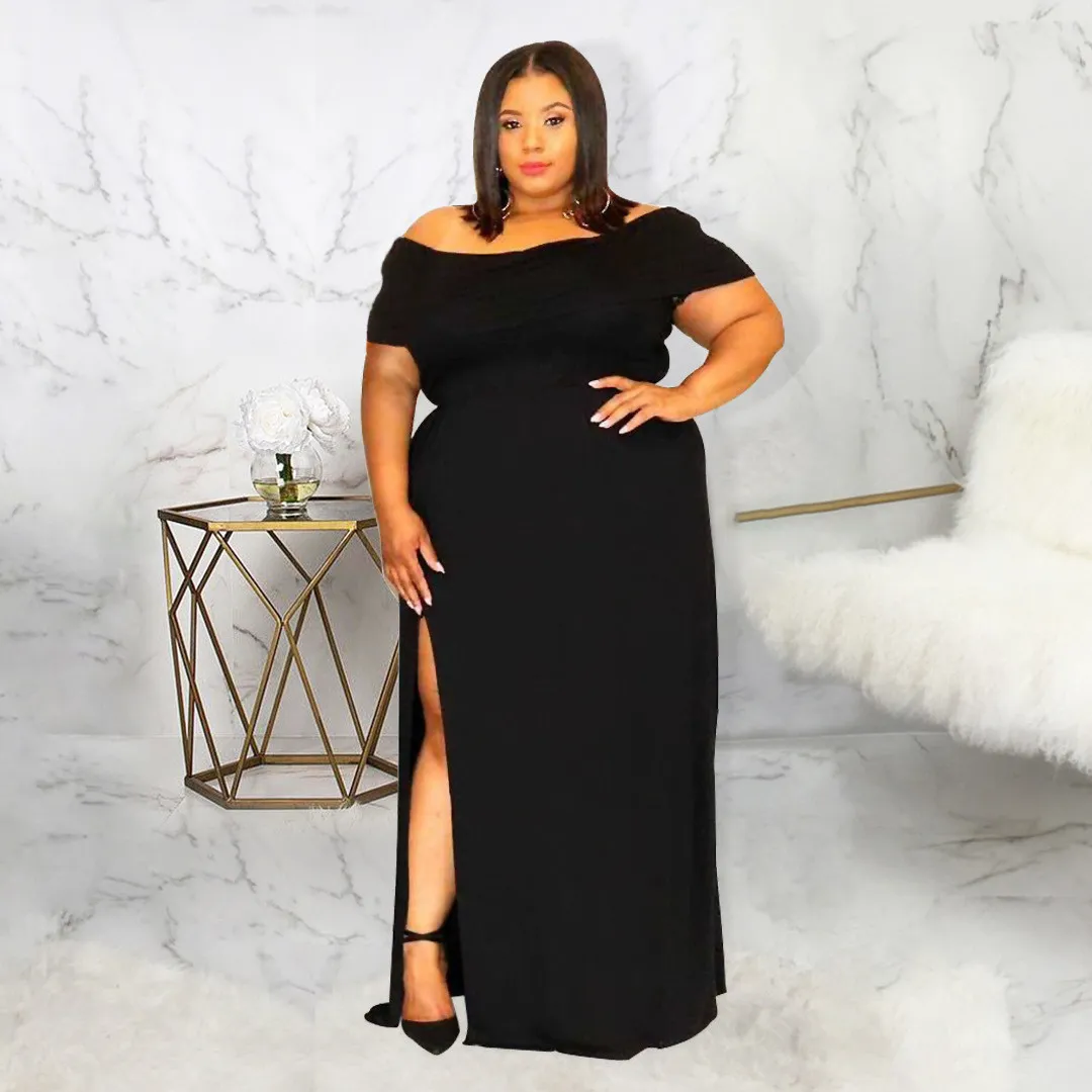 Plus Size Summer Black Dress Chic Premium Off Shoulder Sexy Slit Dress 5 Plus Size Summer Black Dress Chic Premium Off Shoulder Sexy Slit Dress - Image 3