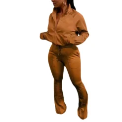 Women Solid Sports Casual Zipper Top And Bell Bottom Two-piece Pants Set -Plus Size Dresses Shop 966e7374ebf6595e