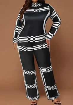 Plus Size Women Stand Collar Striped Long Sleeve Top And Straight Pants Two-piece Set -Plus Size Dresses Shop 96e29740ec712e0e