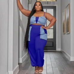 Plus Size Women's Style Patchwork Flap Pocket Loose Lace-Up Telemotion Casual Set