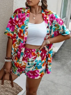 Summer Plus Size Printed Two Piece Women's Short Sleeve Shirt Shorts Set -Plus Size Dresses Shop 973332e78106ff8d