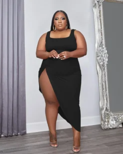 Plus Size Women Casual Solid Vest + Slit Dress Two-piece Set 10 Plus Size Women Casual Solid Vest + Slit Dress Two-piece Set -Plus Size Dresses Shop 975b600125989dca