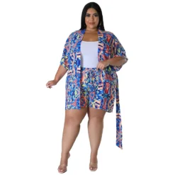 Summer Plus Size Loose Print Blouse Lace-Up Shorts Multi-Color Two-Piece Set -Plus Size Dresses Shop 98553788b954dd93