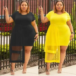 Round Neck Mesh Patchwork Plus Size Women's Short Sleeve Irregular See-Through Dress -Plus Size Dresses Shop 988f391092992d0d
