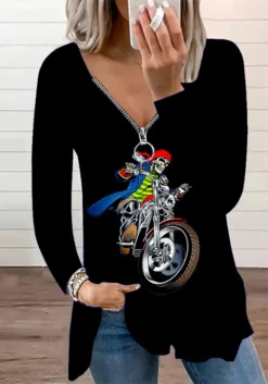 Autumn And Spring Women's Casual Fashion V-neck Zipper Print Long-sleeved Top -Plus Size Dresses Shop 99476f7f61d347ce