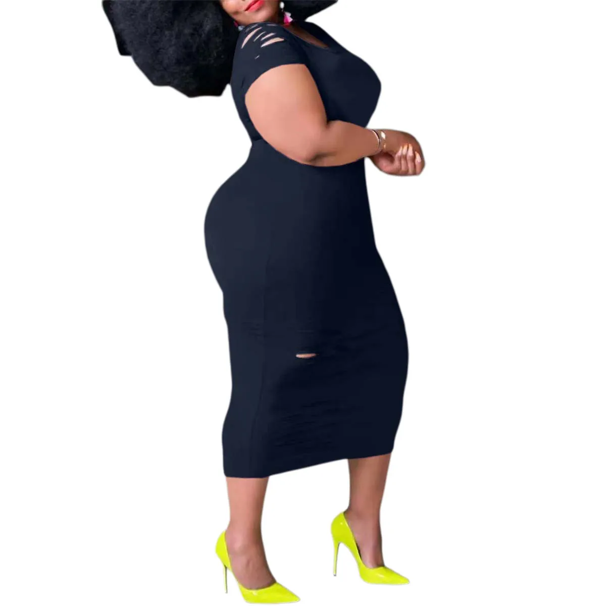 Women'S Casual Plus Size Round Neck Short Sleeve Black Dress 6 Women'S Casual Plus Size Round Neck Short Sleeve Black Dress - Image 4