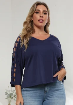 Fall Plus Size Women's Cutout V-Neck Bat Sleeves T-Shirt Top -Plus Size Dresses Shop 99ce74420a1c392d