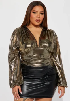 Fashionable Plus Size Women's V-Neck Long Sleeve Gathered Slim Waist Balloon Sleeve Top -Plus Size Dresses Shop 9a17bdaa419be24e