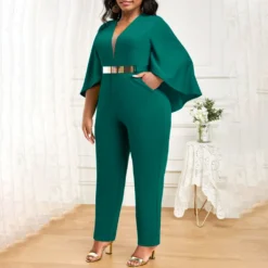 Plus Size Women Sexy Solid Bat Cape Sleeve V Neck Jumpsuit -Plus Size Dresses Shop 9a771dc986d1ea24