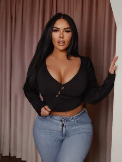 Plus Size Women Black Basic Stretch Long Sleeve T-Shirt -Plus Size Dresses Shop 9a9e45a3eb571744