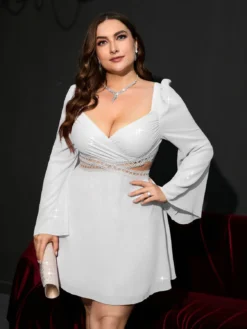 Plus Size Sexy Women Bell Bottom Sleeve Wrap Chest Hollow Dress -Plus Size Dresses Shop 9bf3d547dbedda78