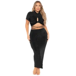 Summer Solid Sexy Drawstring Cutout Round Neck Short Sleeve Fashion Casual Slit Skirt Set Plus Size Women Clothes -Plus Size Dresses Shop 9caaa594df77ac24