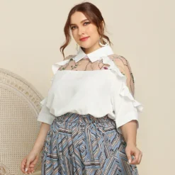 Spring Summer Plus Size Women's Chic Turndown Collar See-Through Embroidered Patchwork Ruffle Edge Half-Sleeve Shirt -Plus Size Dresses Shop 9d0ab5a80494bace