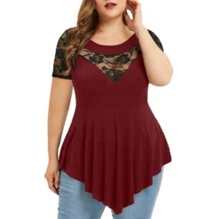 Womens Plus Size Floral Lace Short Sleeve Irregular See-Through Round Neck Women's Top -Plus Size Dresses Shop 9d52207f70fae816