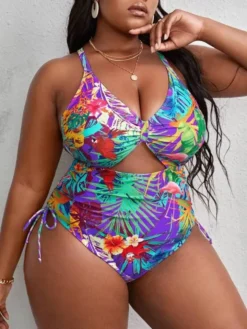 Plus Size Multicolor Print Hollow Crossover Lace-Up One-piece Swimsuit -Plus Size Dresses Shop 9d527236cac190de