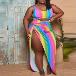 Fashion Plus Size Women's Sexy Rainbow Stripe Cutout One Piece Swimsuit Dress Two-Piece Set -Plus Size Dresses Shop 9d8f56fa870c9fc2
