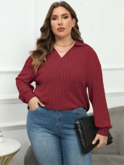 Women's Tops Plus Size Women's Turndown Collar Knitting Shirt Ribbed Basic Casual T-Shirt -Plus Size Dresses Shop 9e4507b77d70c160
