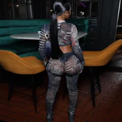 Plus Size Women Spring And Summer Sexy Lace Long Sleeve Top And Printed Pants Two-piece Set -Plus Size Dresses Shop 9e717c7e612e4b2a