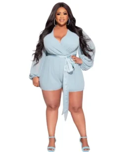 Plus Size Women Solid Chiffon Long Sleeve With Belt Romper -Plus Size Dresses Shop 9eb4d633f7d3e107