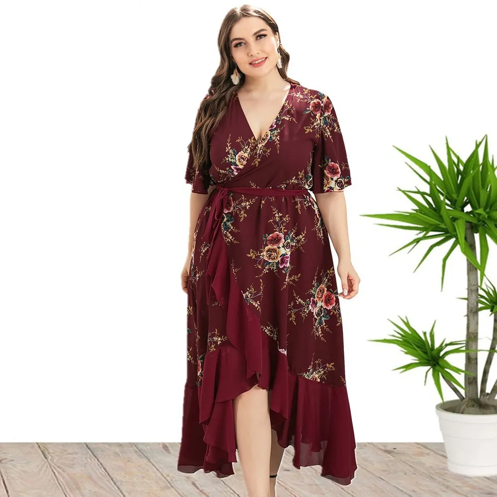 Plus Size Women's Summer V-neck Ruffled Irregular Print Dress 8 Plus Size Women's Summer V-neck Ruffled Irregular Print Dress - Image 6