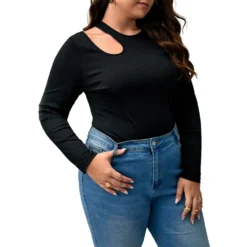 Plus Size Women's Black Ribbed Knitting Shirt Round Neck Long Sleeve Slim Fit Basics Hollow Top -Plus Size Dresses Shop 9f2728bd20a3063b