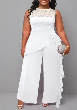 Plus Size Women Solid Career Lace Loose Jumpsuit -Plus Size Dresses Shop 9f2cb7a5d6a19938