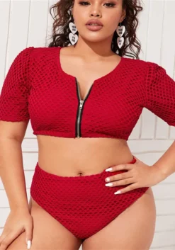 Plus Size Women Solid Zip Half Sleeve Bikini Swimwear -Plus Size Dresses Shop 9f33acbc4a15e82d