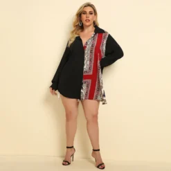 Plus Size Women's Spring Autumn Ethnic Print Patchwork Loose Long Sleeve Sexy Shirt -Plus Size Dresses Shop 9f39577096054033