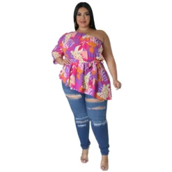 Summer Printed Plus Size Ladies One Shoulder Long Sleeve Lace Up Top