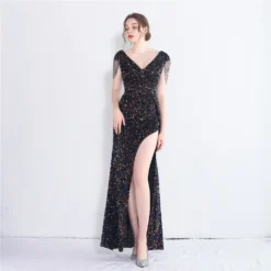 Sexy Slit V-neck Long Sequins Plus Size Beauty Formal Party Evening Dress