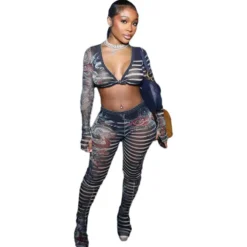 Plus Size Women Spring And Summer Sexy Lace Long Sleeve Top And Printed Pants Two-piece Set -Plus Size Dresses Shop a08b2b4b4a2ff76c