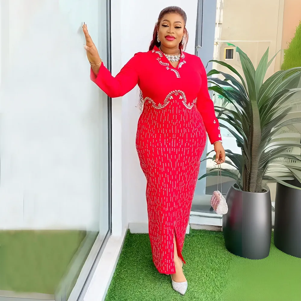 Africa Plus Size Women's Beaded V-Neck Bodycon Chic Elegant Dress 9 Africa Plus Size Women's Beaded V-Neck Bodycon Chic Elegant Dress - Image 7