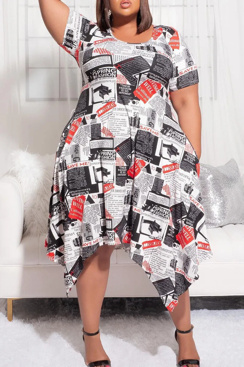 Plus Size Women Short Sleeve Round Neck Print Dress 7 Plus Size Women Short Sleeve Round Neck Print Dress - Image 5