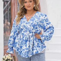 Spring Ruffled Tops Blue V-Neck Printed Long-Sleeved Shirts For Women -Plus Size Dresses Shop a320335bbf4241d3