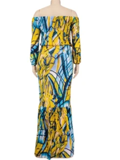 Autumn Plus Size Printed Yellow Off Shoulder Puff Sleeve Top And Maxi Skirt Set -Plus Size Dresses Shop a35108f909272f2b