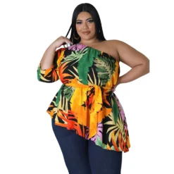 Summer Printed Plus Size Ladies One Shoulder Long Sleeve Lace Up Top -Plus Size Dresses Shop a37a04324e4b3bb6