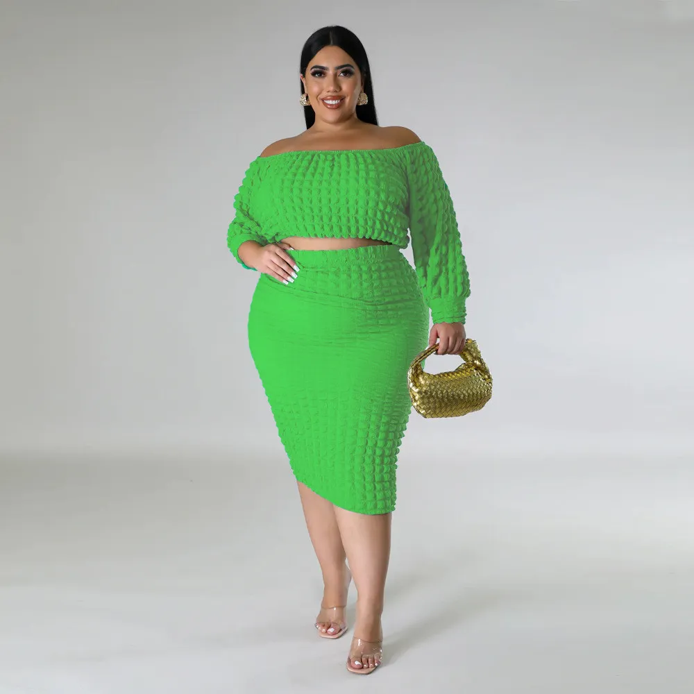 Plus Size Women's Fall Set Off Shoulder Solid Bubble Two Piece Skirt Set 9 Plus Size Women's Fall Set Off Shoulder Solid Bubble Two Piece Skirt Set - Image 7