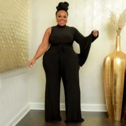 Fashion Plus Size Women's Solid Lace-Up Slash Shoulder Wide Sleeve Jumpsuit -Plus Size Dresses Shop a3eb310ad9836c73