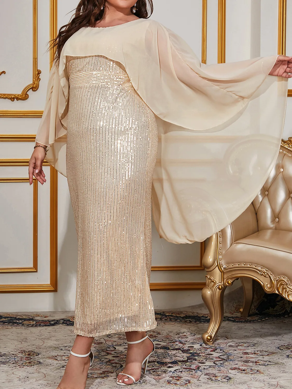 Plus Size Women Sexy Sequined Chiffon Round Neck Formal Party Evening Dress 4 Plus Size Women Sexy Sequined Chiffon Round Neck Formal Party Evening Dress - Image 2