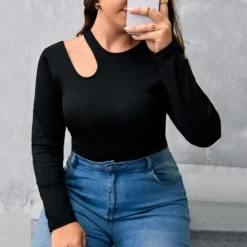 Plus Size Women's Black Ribbed Knitting Shirt Round Neck Long Sleeve Slim Fit Basics Hollow Top -Plus Size Dresses Shop a575a6366c82471c