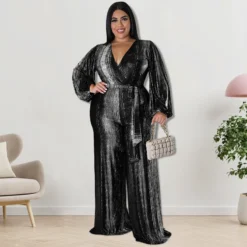 Plus Size Women's Clothing Fall V-Neck Long Sleeve Jumpsuit -Plus Size Dresses Shop a5d0e4fd99fea4d7