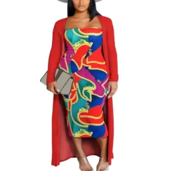 Plus Size Women's Fashion Spring/Fall Strapless Dress Long Coat Two-Piece Set