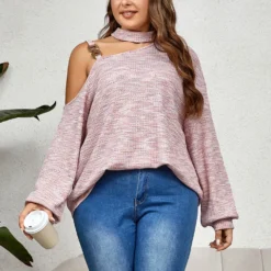 Women Clothing Slash Shoulder Sling Solid Knitting Loose Top -Plus Size Dresses Shop a71f5be6d577fca0