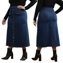 Plus Size Women Denim Button Fake Pocket Skirt -Plus Size Dresses Shop a72298796559c4c0