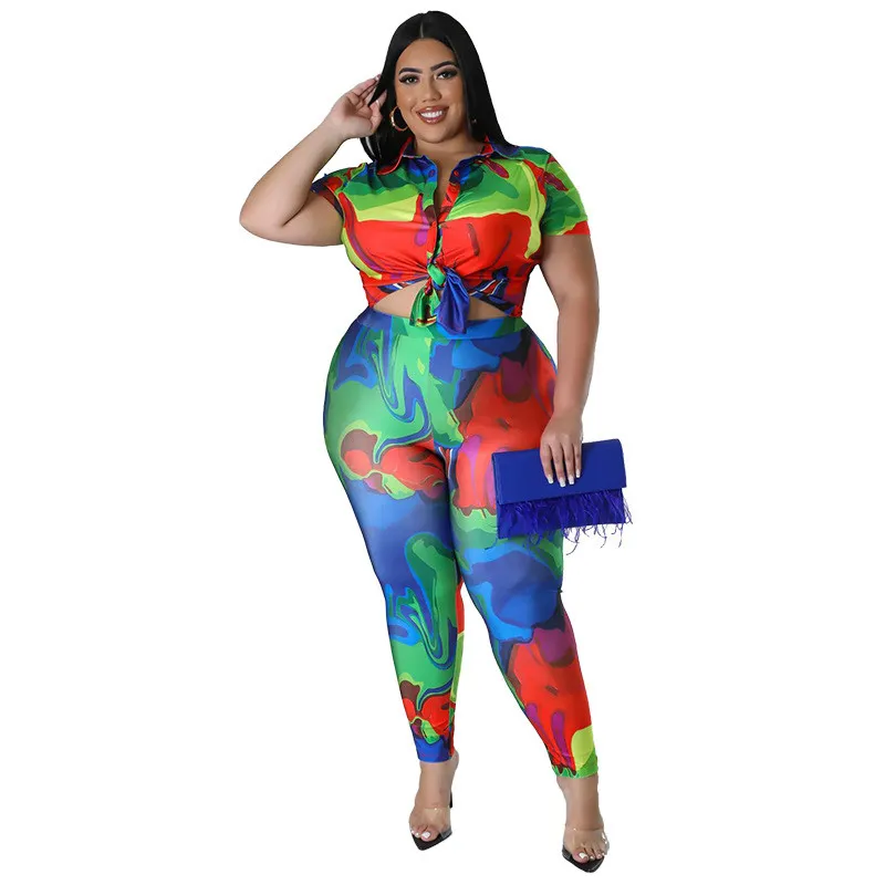 Plus Size Women's Printed Summer Short Sleeve Shirt Trousers Fashion Casual Two Piece Set 15 Plus Size Women's Printed Summer Short Sleeve Shirt Trousers Fashion Casual Two Piece Set - Image 13