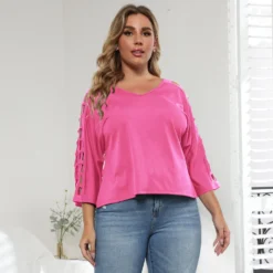 Fall Plus Size Women's Cutout V-Neck Bat Sleeves T-Shirt Top