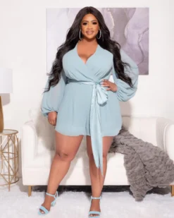 Plus Size Women Solid Chiffon Long Sleeve With Belt Romper